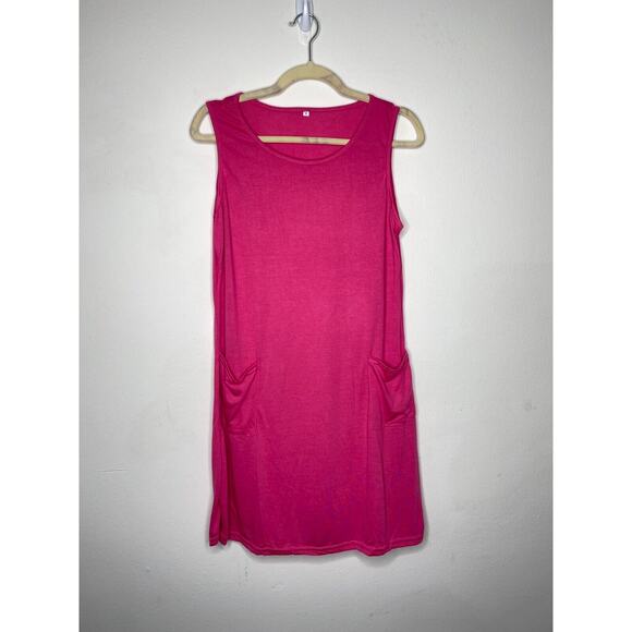 Sleeveless Hot Pink Stretch Knit Tank Mini Dress Scoop Neck Front Patch Pocket M - Picture 9 of 9